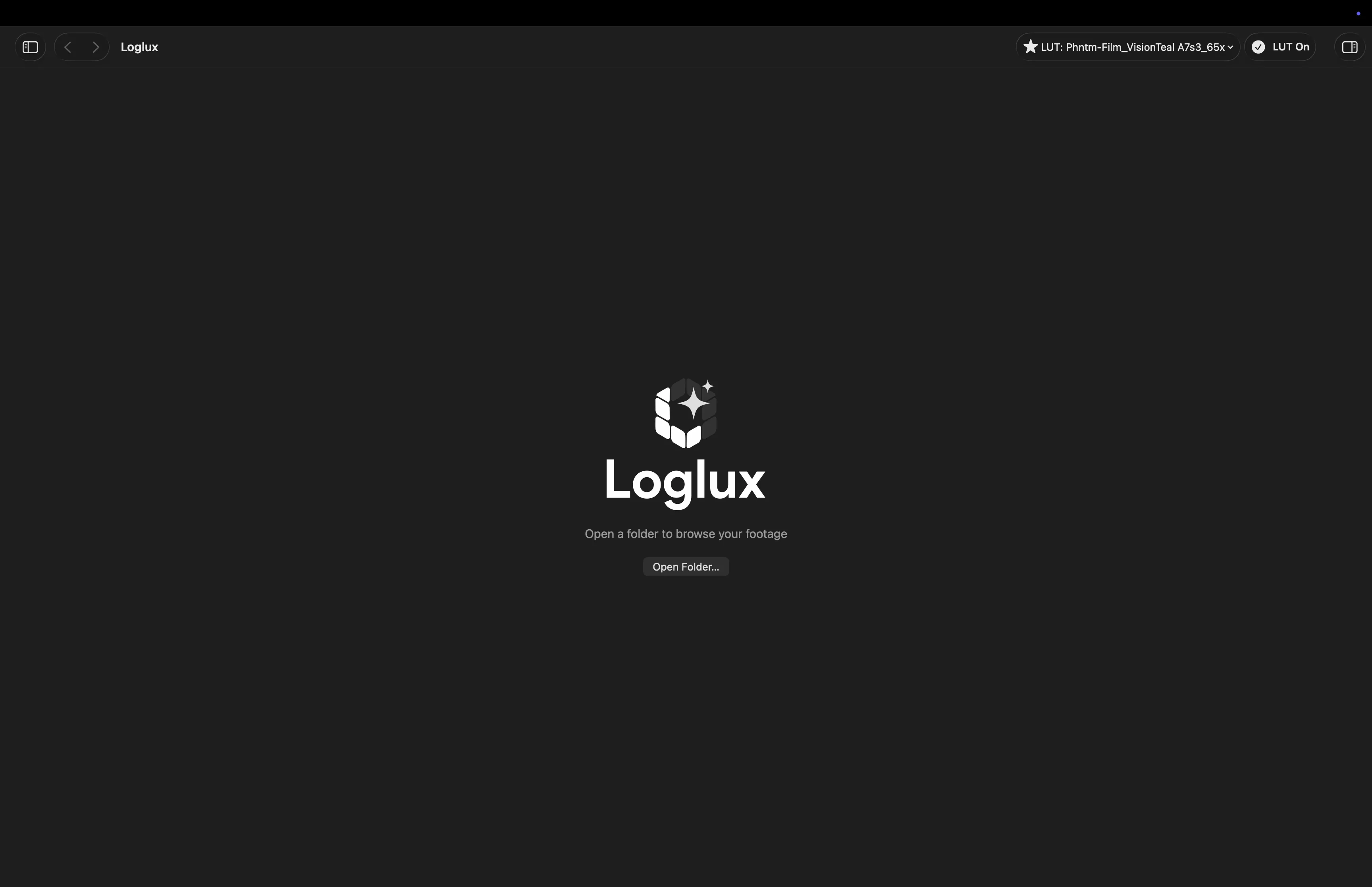 Loglux empty state with an Open Folder button and the prompt to open a folder to browse your footage.