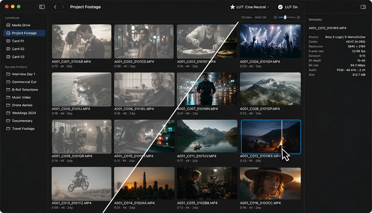 Loglux browser window showing a grid of video clips, folder navigation, metadata, and a diagonal LUT preview inside a thumbnail.